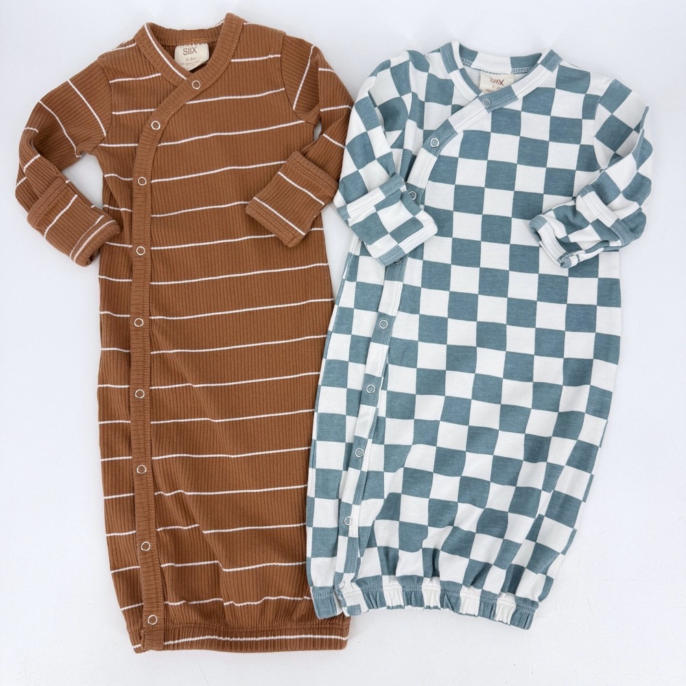 Lot 2 Siix Baby Organic Cotton Gown Ribbed Checkered Brown Blue 0-3 Months
